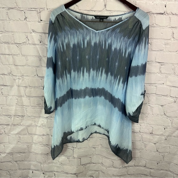 Zac & Rachel Blue grey Asymmetrical Tunic semi-sheer sz large flowy - Picture 1 of 8